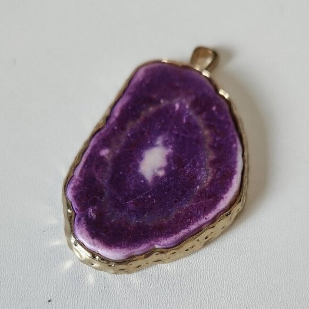 Purple Agate Slice Pendant Gold Framed Natural Stone